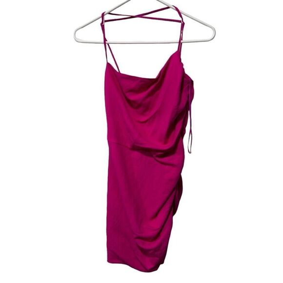 The Sei Magenta Ruched Lined Twist Cowl Neck Open Back Mini Dress Pink Sz 2 NWT - Picture 1 of 10